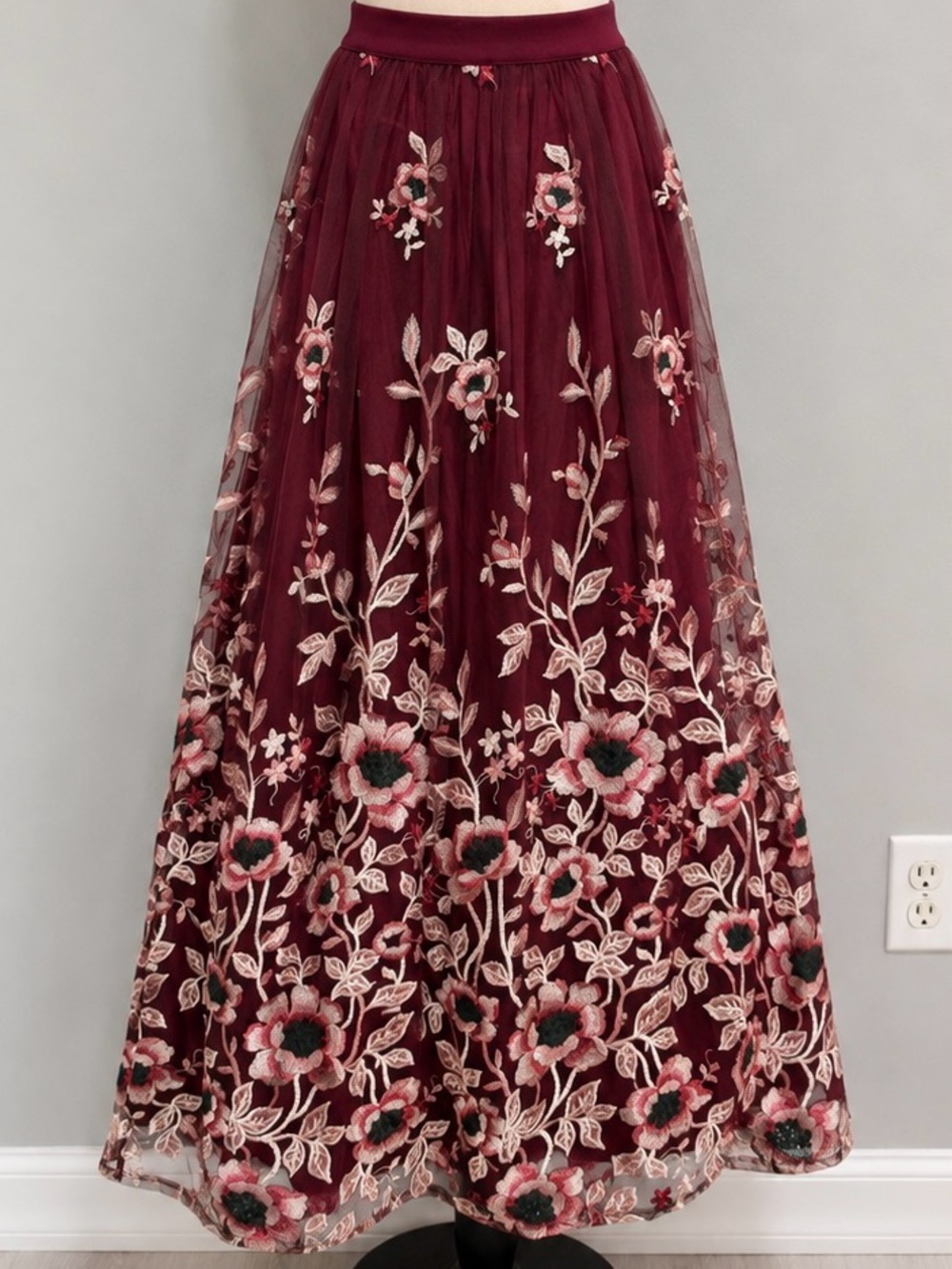 Trixxi’s Elegant Burgundy Floral Embroidered Maxi Skirt